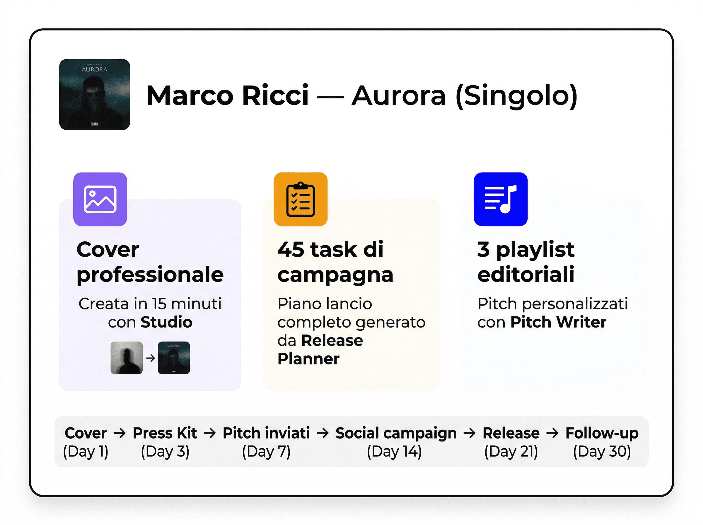 Case study Marco Ricci — cover, 45 task di campagna, 3 playlist editoriali