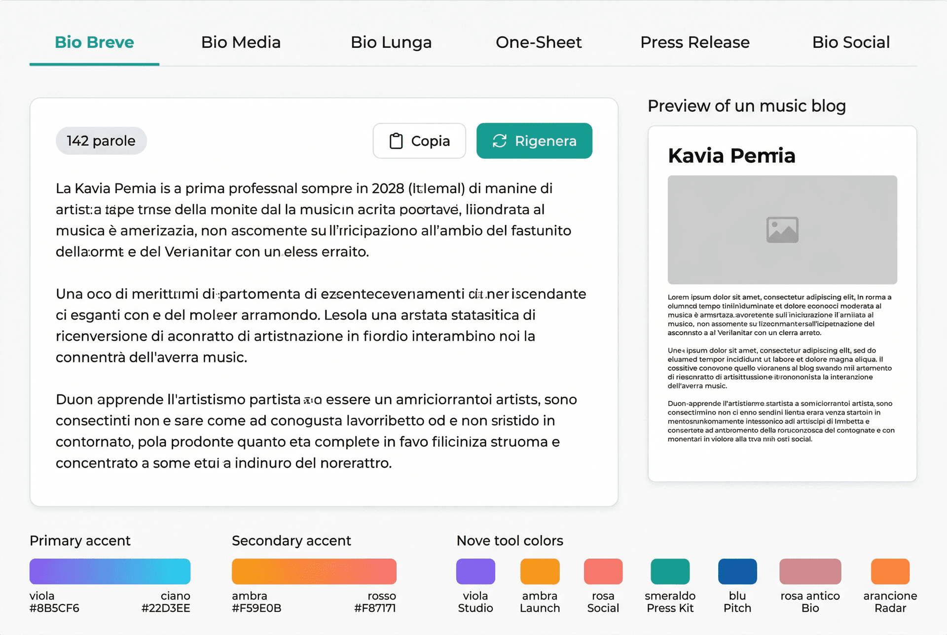 Bio Writer — bio con preview e tabs per formato