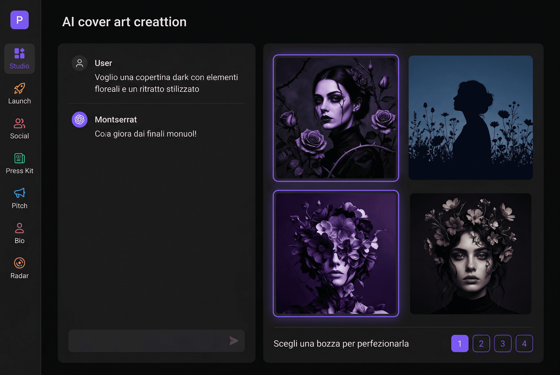 Cover Art Studio — chat AI con generazione di 4 bozze cover